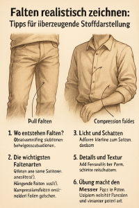 Realistische Faltenzeichnung auf Stoff, Falten an Hose und Hemd, Faltenskizze mit Licht und Schatten