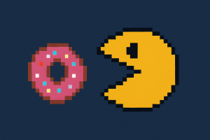 Pixel-Art: Pac-Man frisst Donut in animierter Schleife